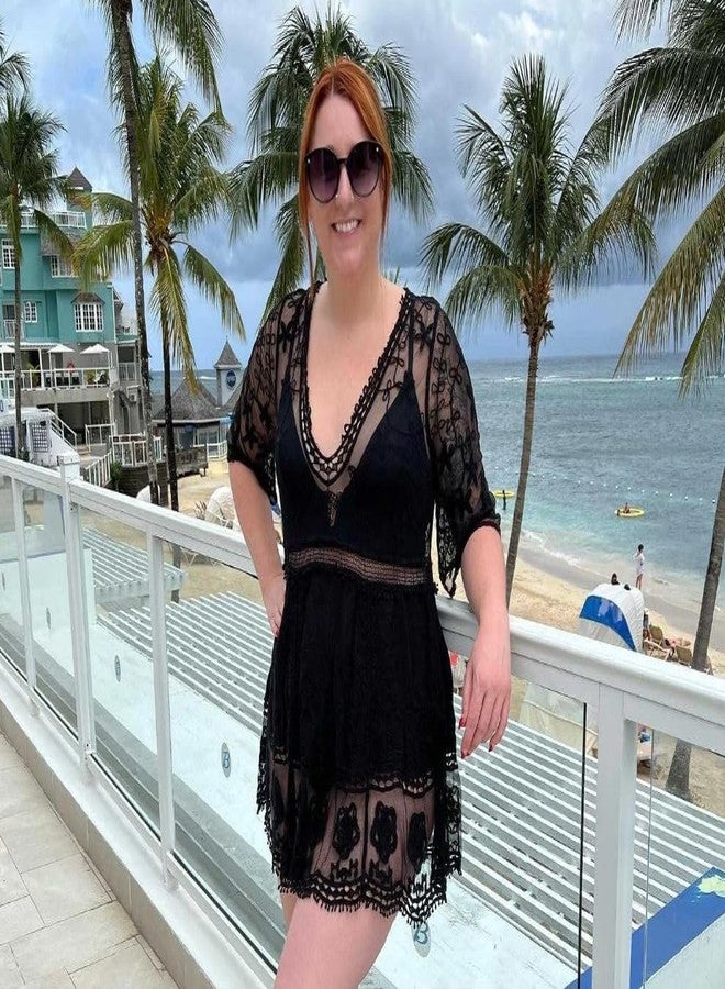 Moss Rose Women's Lace Beach Cover Ups V Neck Boho Dress Vacation Clothes for Women Swimsuit Bathing Suit Coverup Beachwear Black - Image 3